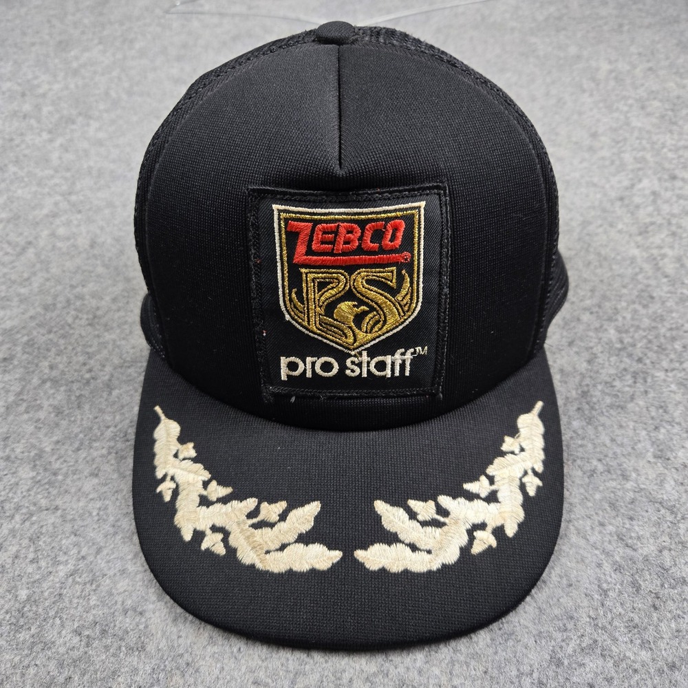 Vintage Zebco Trucker Hat Mens OSFA Black Pro Staff Fishing Scrambled Eggs 90s